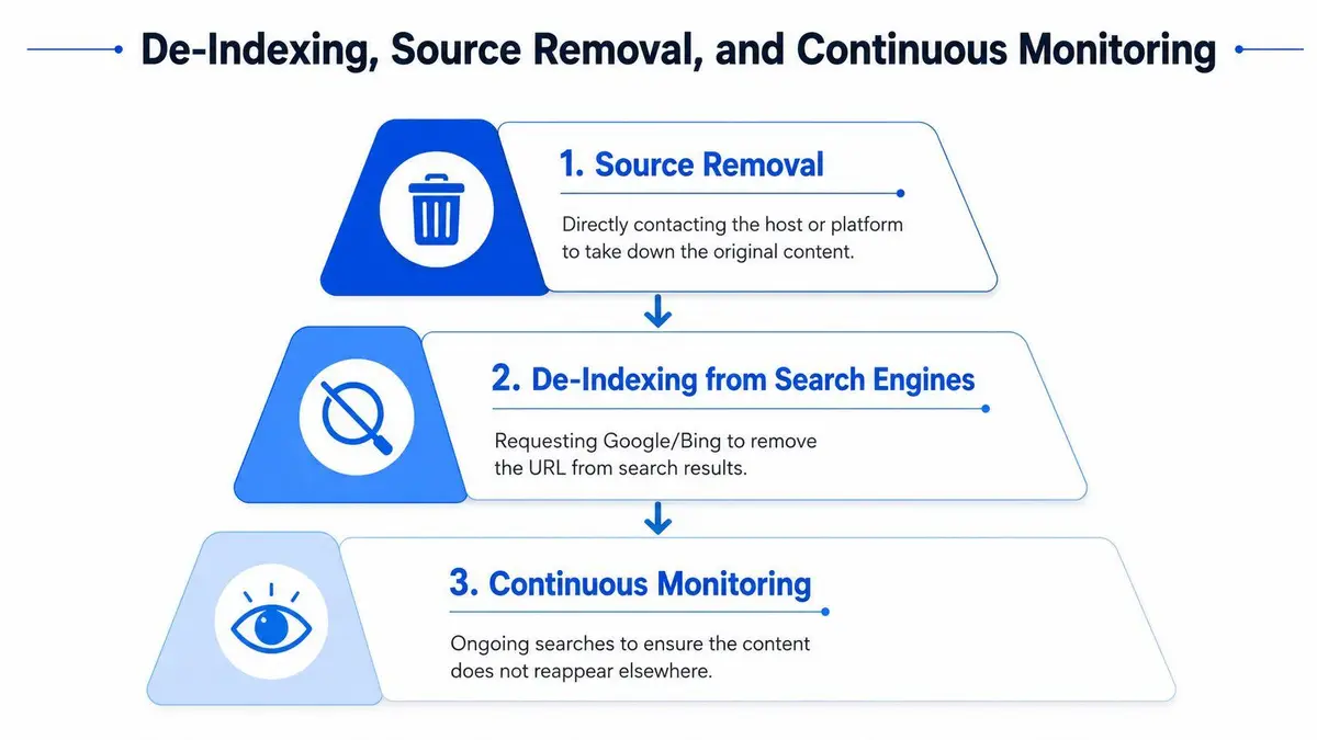 A diagram illustrating the three-step process of source removal, search engine de-indexing, and continuous content monitoring.