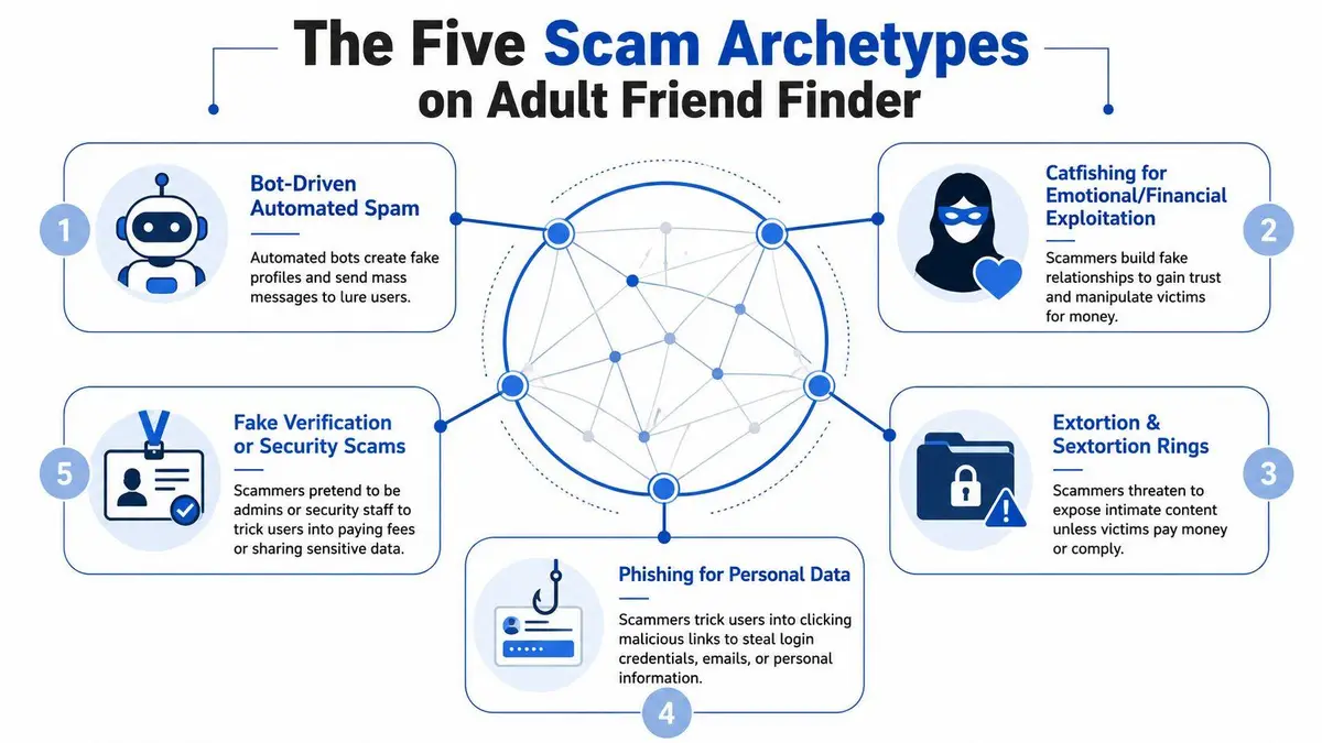 An infographic detailing five common types of scam archetypes found on the Adult Friend Finder platform.
