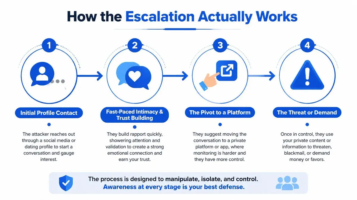 A four-step infographic illustrating the progression of online exploitation scams, from initial contact to extortion.