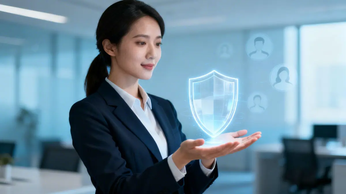 A businesswoman holds a glowing blue shield with user icons in an office, symbolizing data protection.