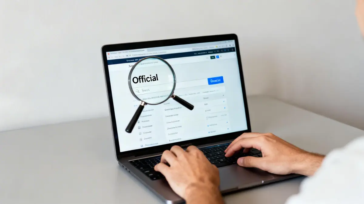A person typing on a laptop, searching for 'Official' using a magnifying glass on the screen.