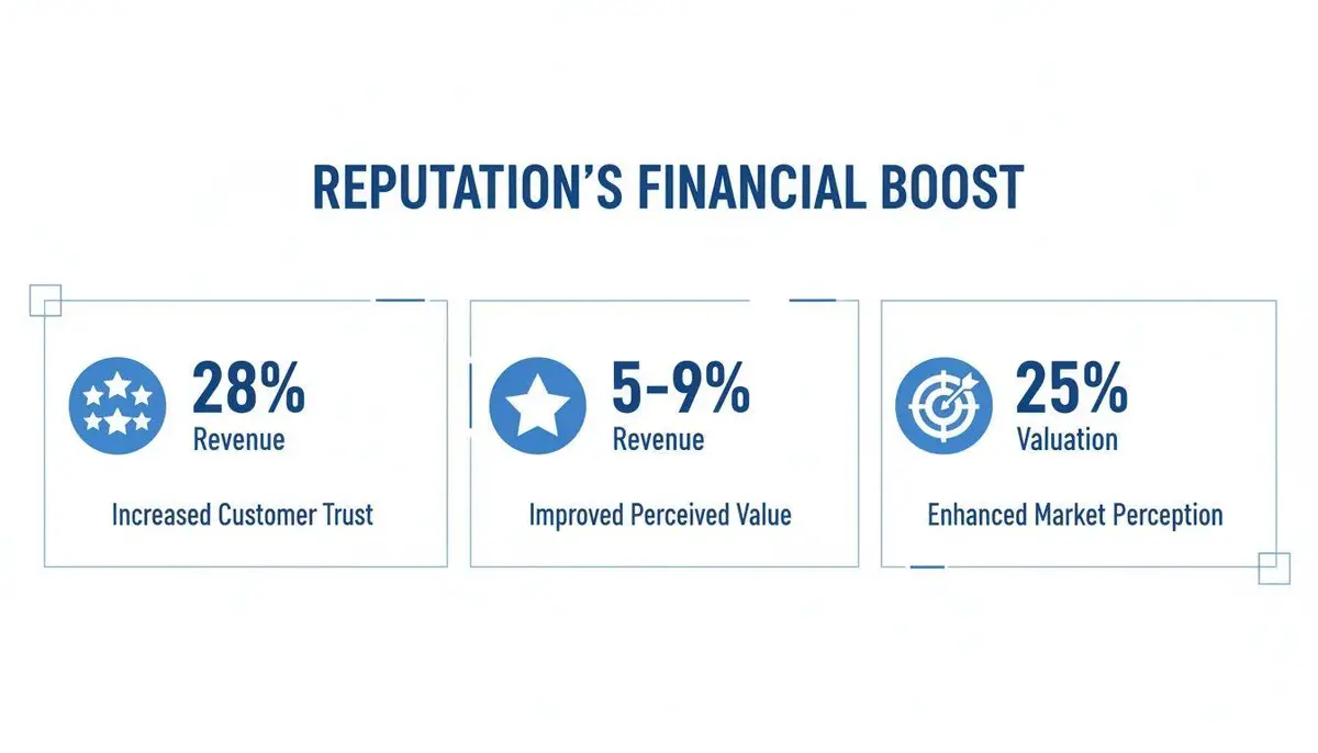 Infographic illustrating reputation's financial boost, detailing increased revenue from trust and perceived value, and higher valuation.