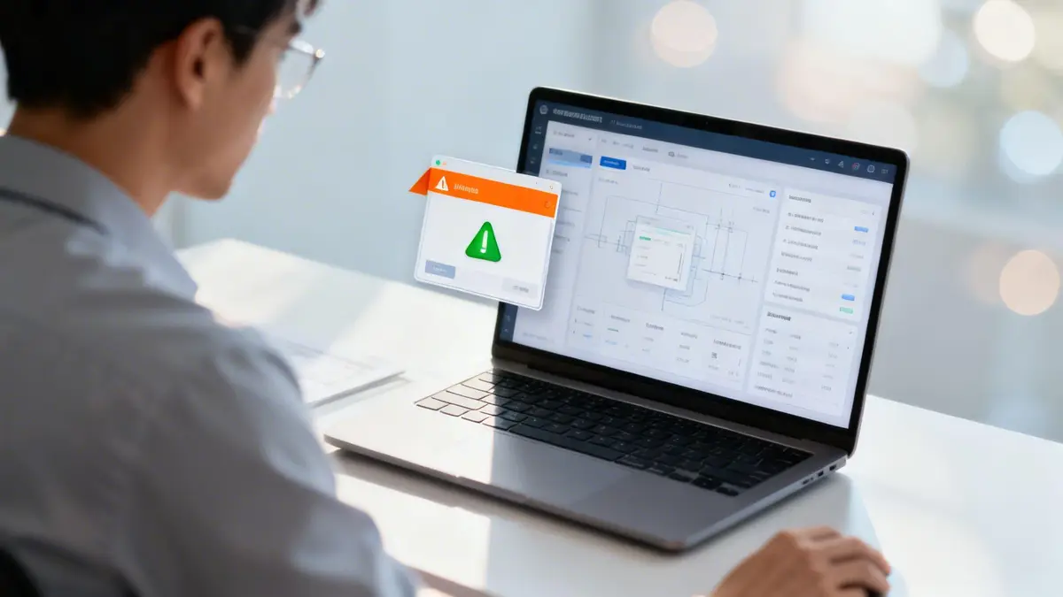 A man works on a laptop displaying a software dashboard and a prominent warning alert pop-up.
