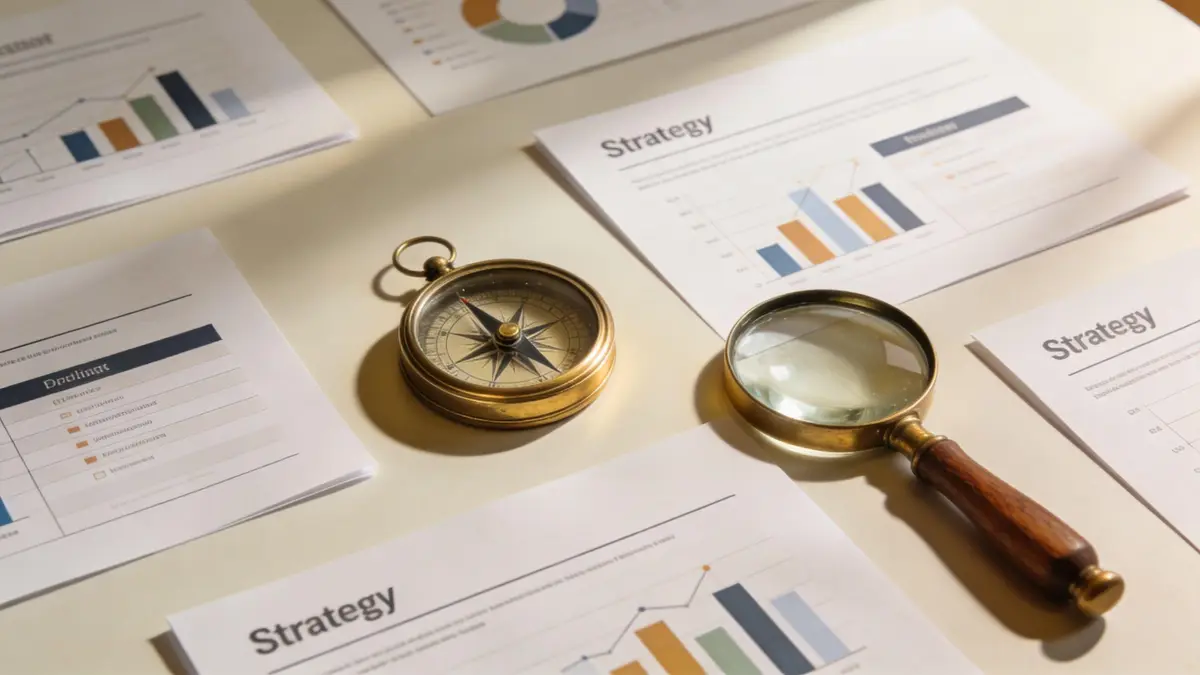 A brass compass and a magnifying glass resting on various documents containing business strategy charts and graphs.
