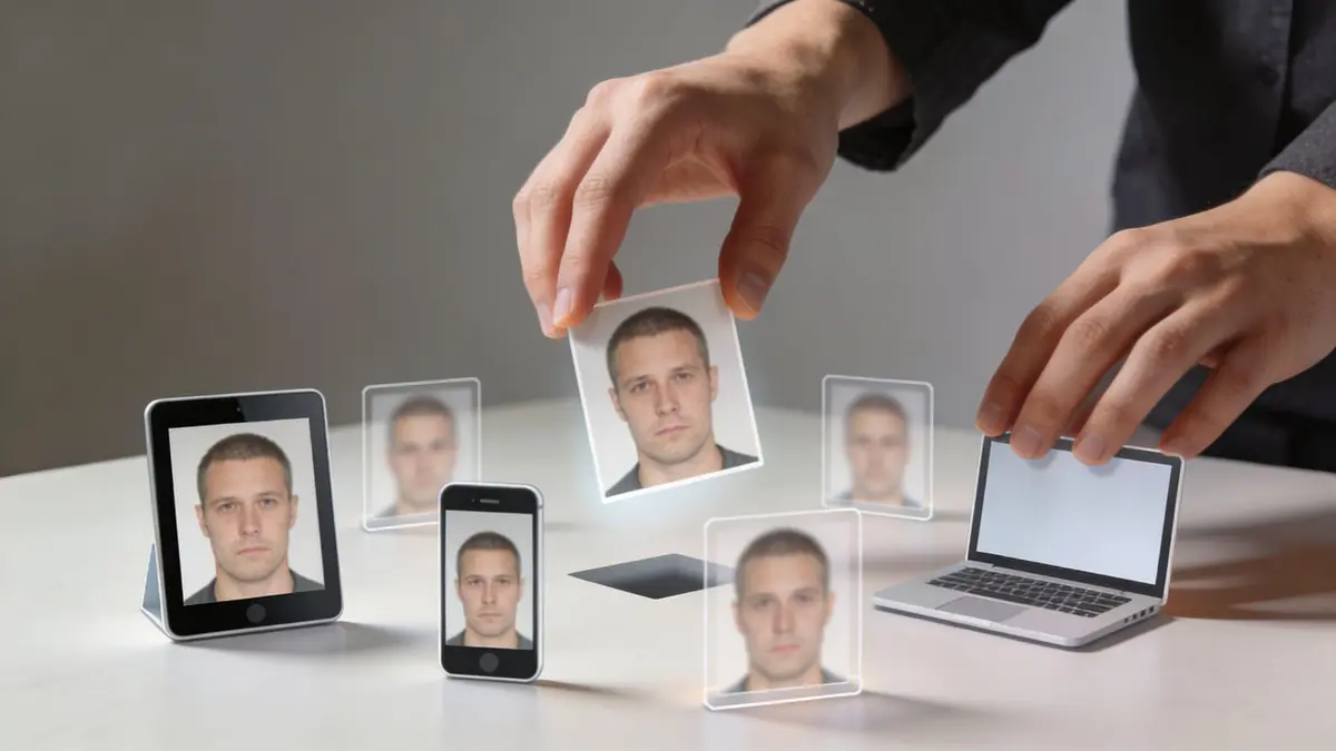 A person organizing multiple digital photographs of a man's face across several electronic devices on a table.
