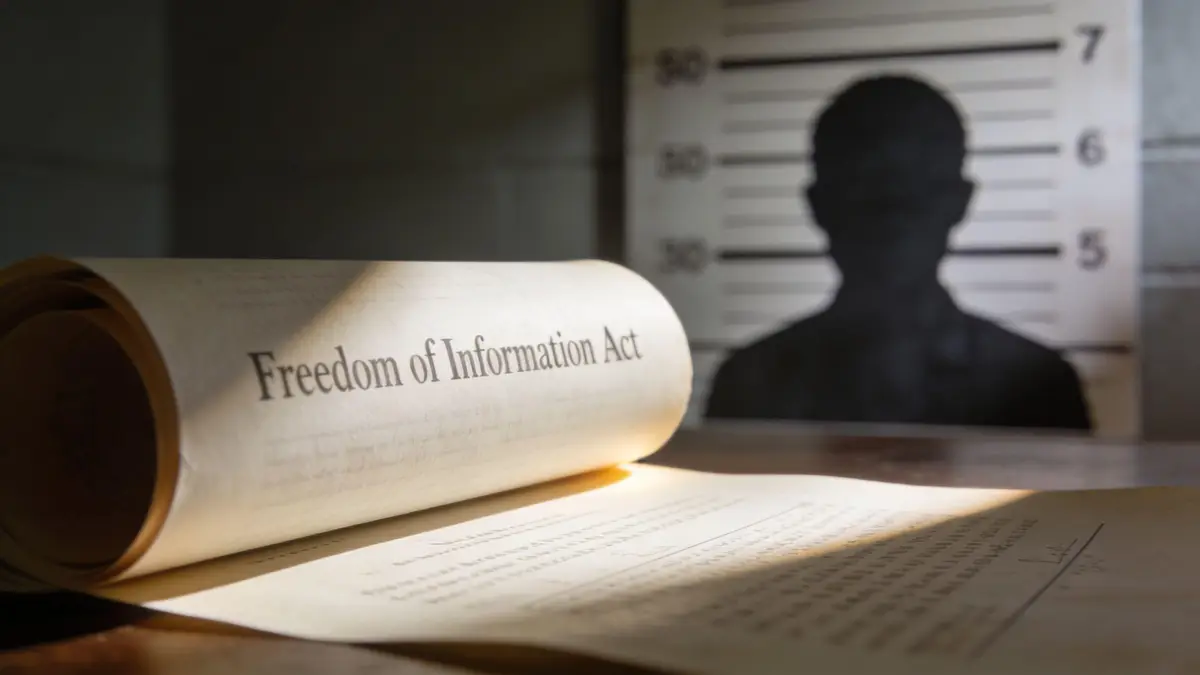 A document titled Freedom of Information Act lying on a table in front of a police mugshot silhouette.
