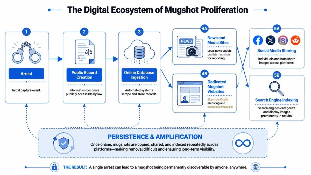 A flowchart showing the digital process of how mugshots are publicly proliferated online after an arrest.
