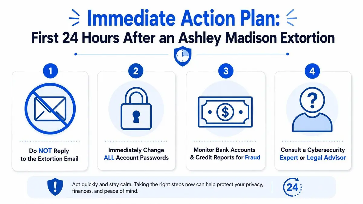 An infographic detailing a four-step immediate action plan for victims of Ashley Madison extortion attempts.
