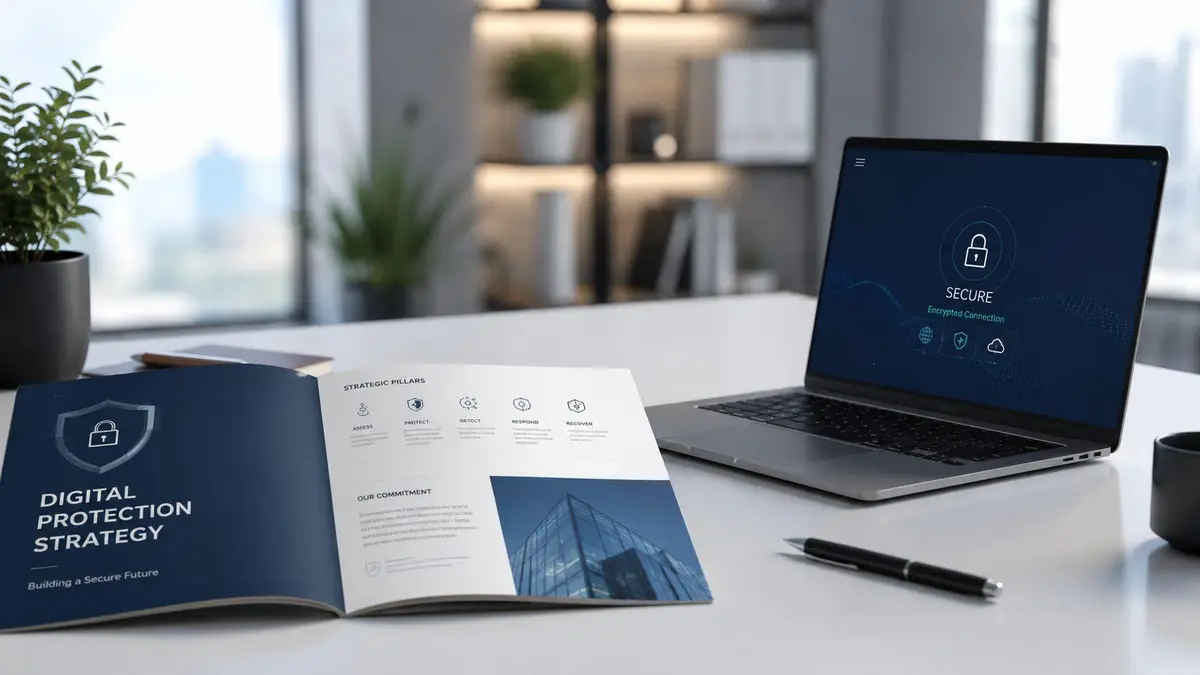 A professional desk workspace featuring an open brochure on digital protection strategy and a secured laptop screen.