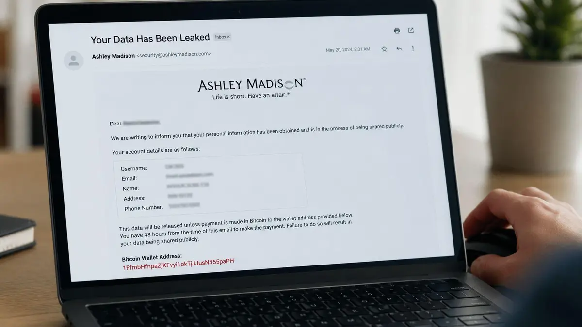 A close-up view of a laptop screen displaying a phishing email scam demanding Bitcoin payment.