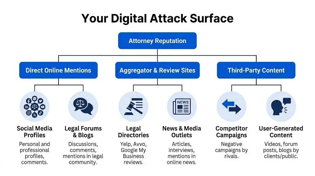 A diagram illustrating the digital attack surface for attorney reputation, including social media, directories, and third-party content.