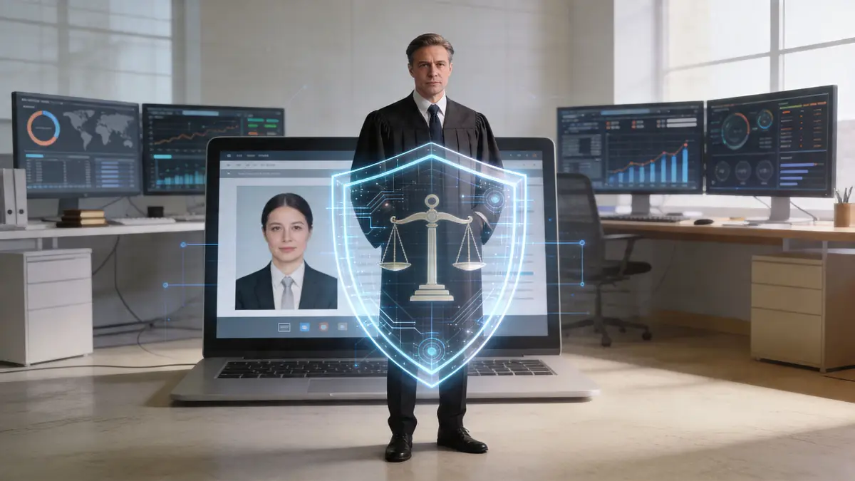 A professional attorney standing in front of a large screen displaying digital security and legal identity verification.
