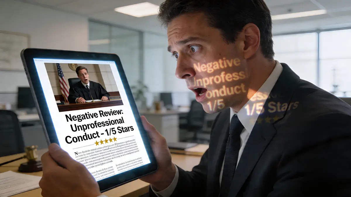 A distraught attorney looking at a tablet screen displaying a negative review about unprofessional conduct.
