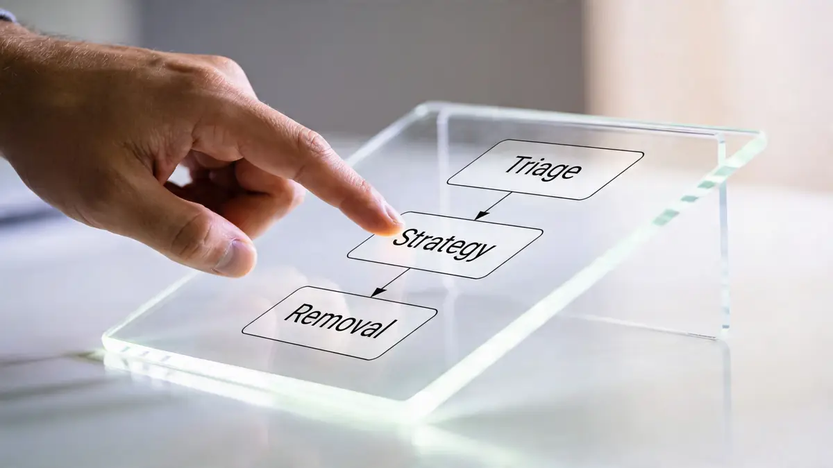 A hand touching a transparent screen displaying a workflow process flow from Triage to Strategy to Removal.