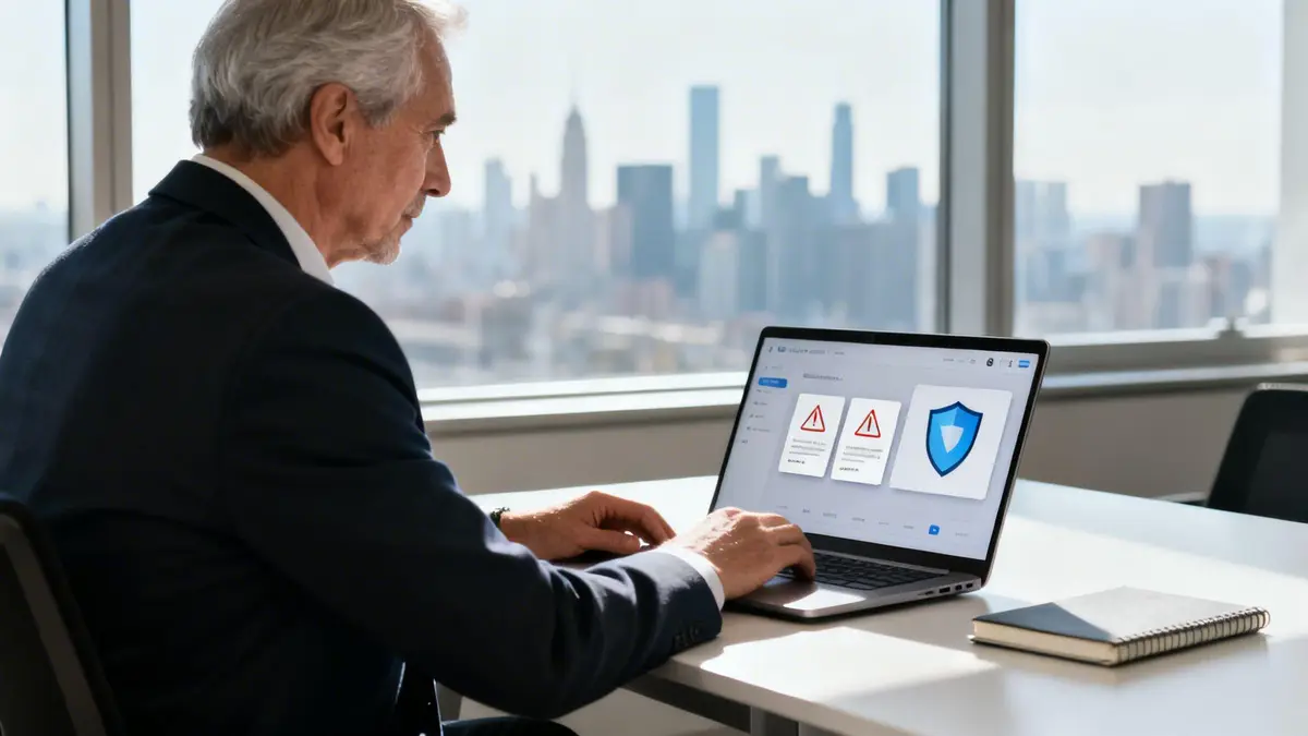 A businessman works on a laptop displaying security warnings and a shield icon in a modern office.