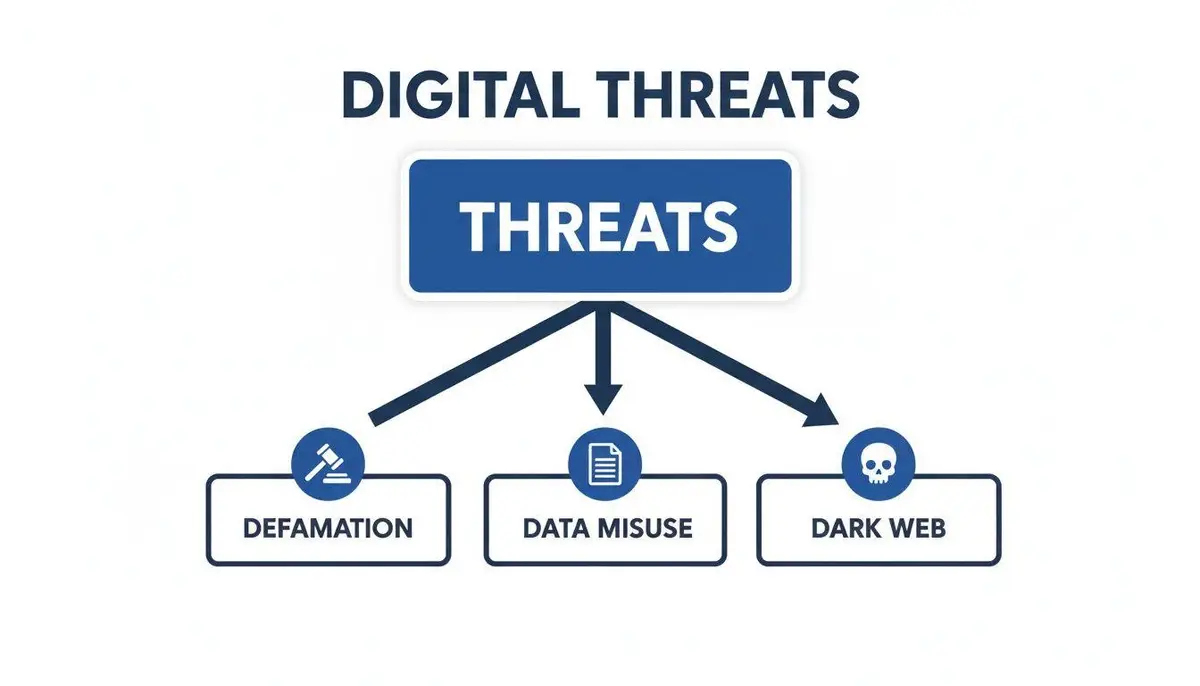 A flowchart showing digital threats categories: defamation, data misuse, and the dark web.