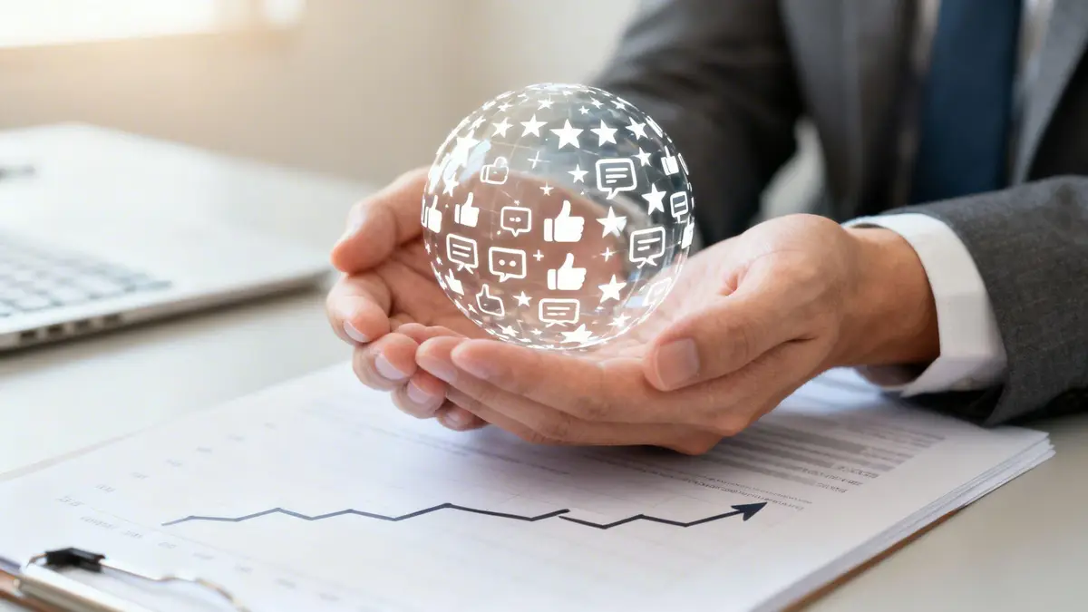 A business professional holds a digital globe showing customer feedback and rating icons, with a rising graph below.