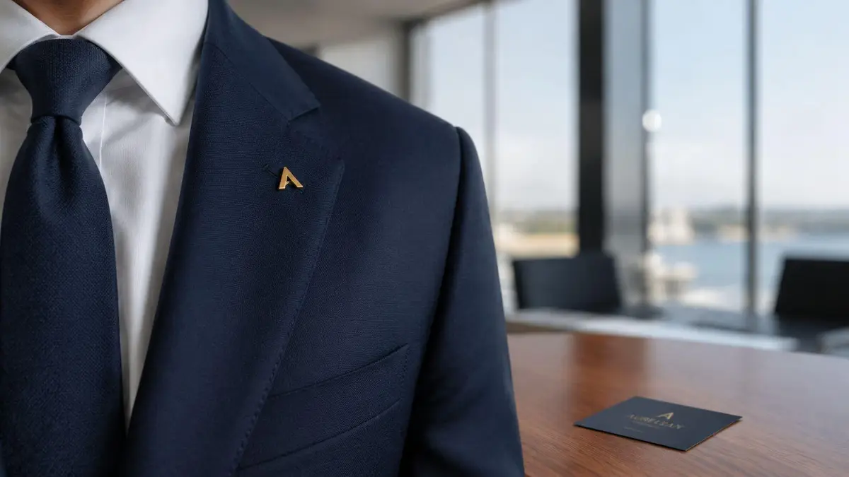 A professional man wearing a dark blue suit with a gold A pin in an office setting.