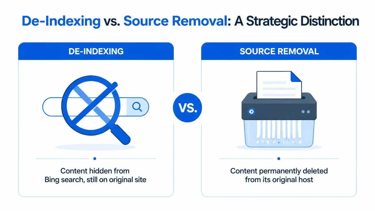 An infographic comparing the concepts of de-indexing from Bing search and permanent source removal of website content.