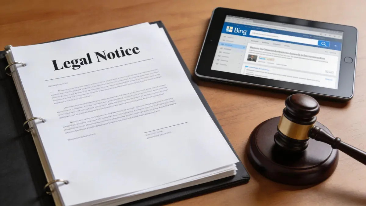 A legal notice document, a judge's gavel, and a tablet displaying the Bing search engine results.