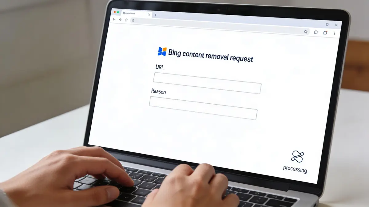 A person using a laptop to fill out a Bing content removal request form on a website.