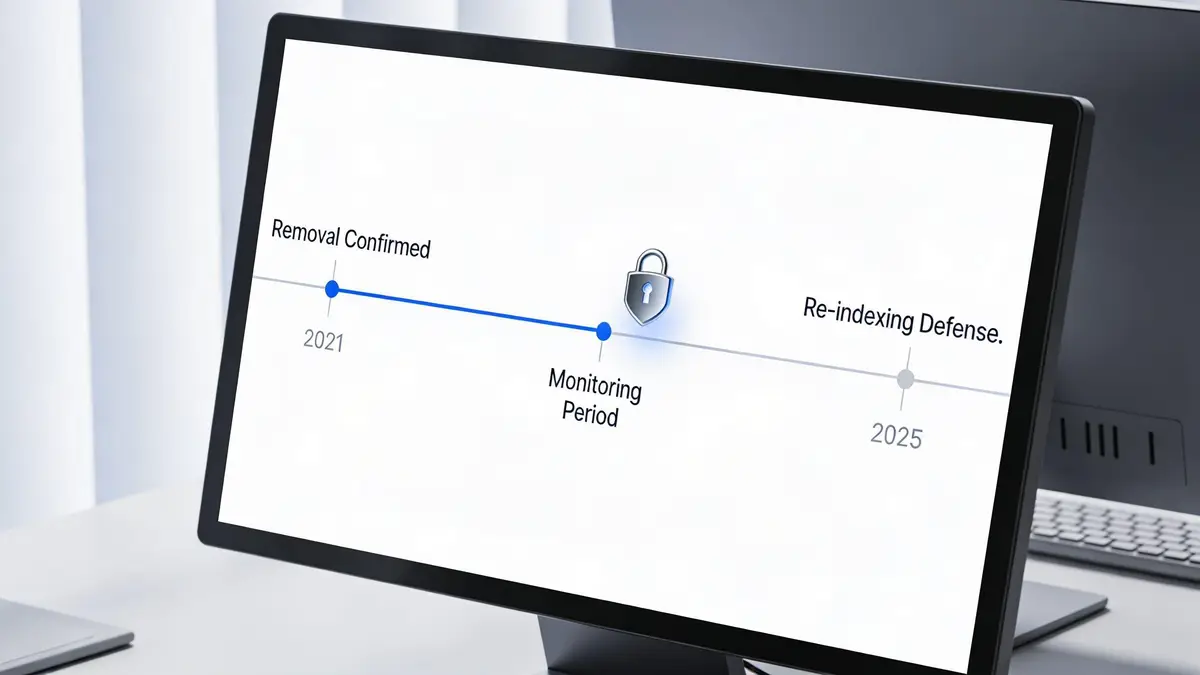 A digital timeline on a computer screen showing stages from removal confirmation to re-indexing defense.