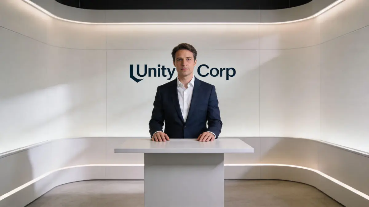 A professional man in a business suit standing behind a podium in a corporate studio setting.