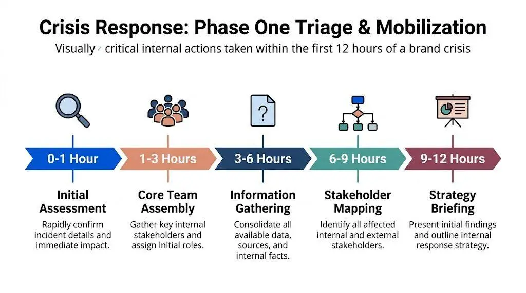 A timeline infographic detailing critical steps for brand crisis response from zero to twelve hours.
