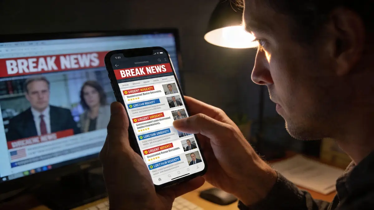 A person viewing breaking news alerts on a smartphone while sitting in front of a computer screen.
