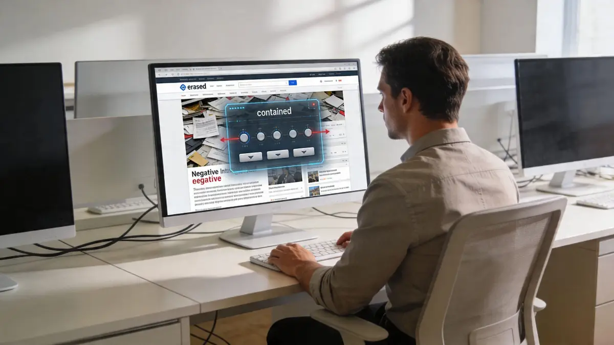 A professional man sitting at a desk and working on a computer displaying a digital interface.