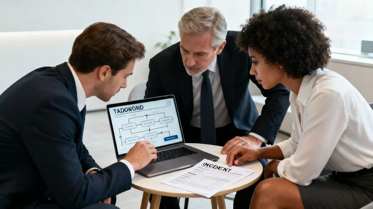 Three diverse business professionals collaborating around a laptop and reviewing an incident report in an office.