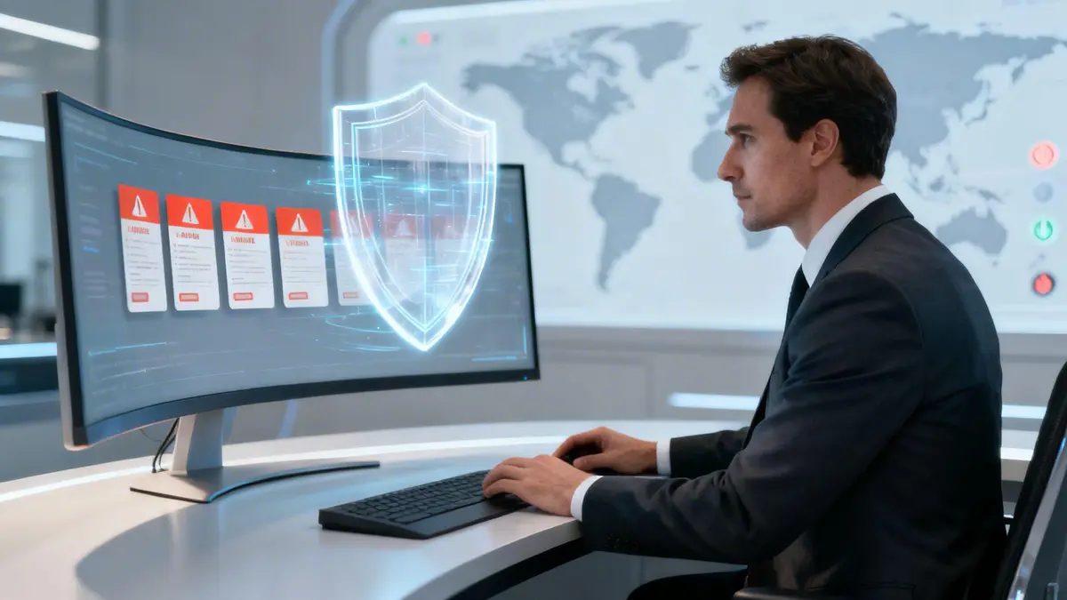 A man in a suit working on a computer with a glowing cybersecurity shield icon on the screen.