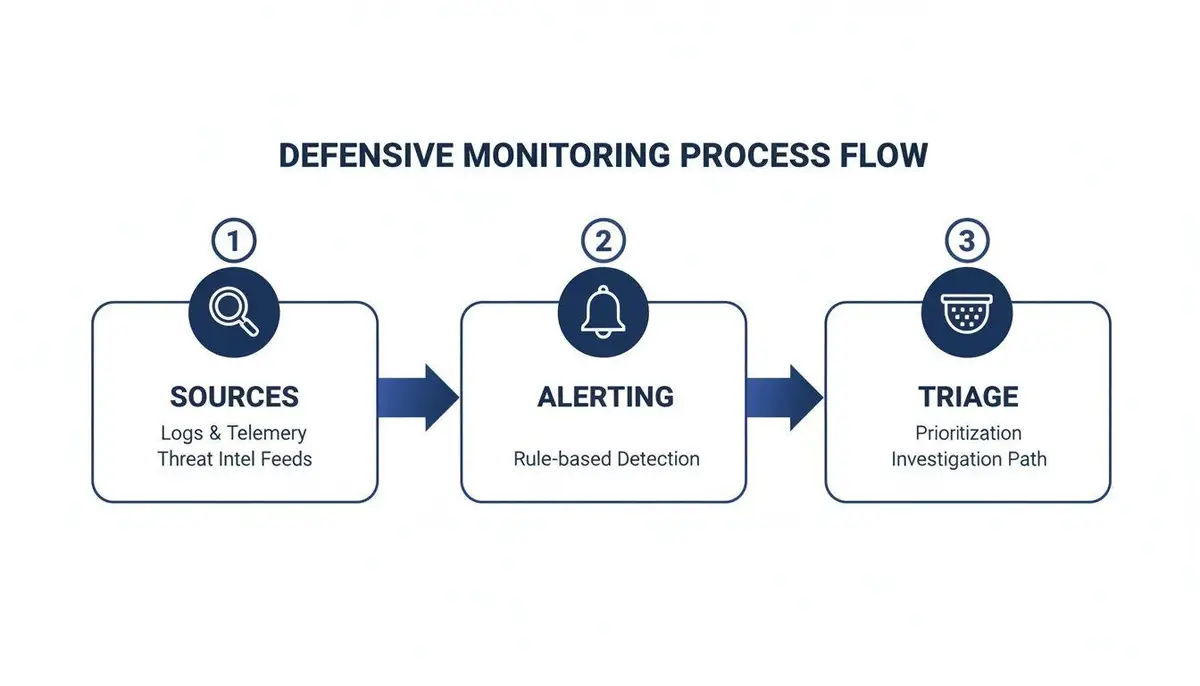 A defensive monitoring process flow diagram illustrates steps: sources, alerting, and triage for security.
