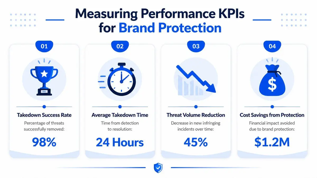 An infographic showing four key performance indicators for measuring brand protection effectiveness and success metrics.