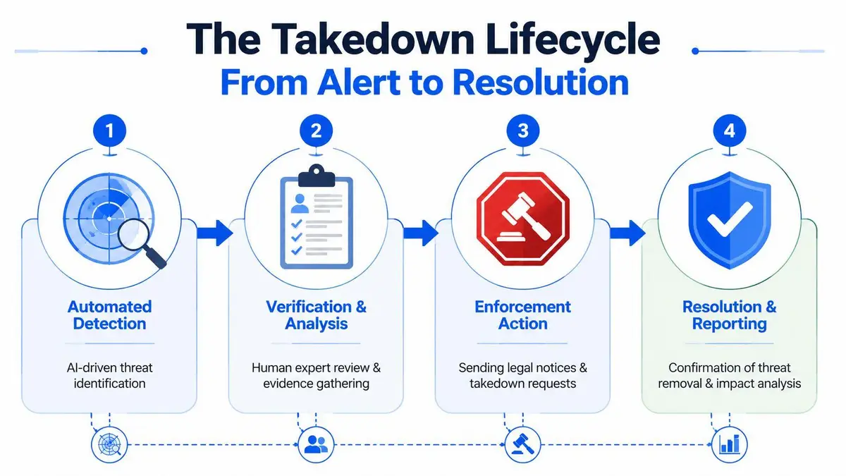 A four-step infographic illustrating the brand protection takedown lifecycle from automated detection to resolution and reporting.