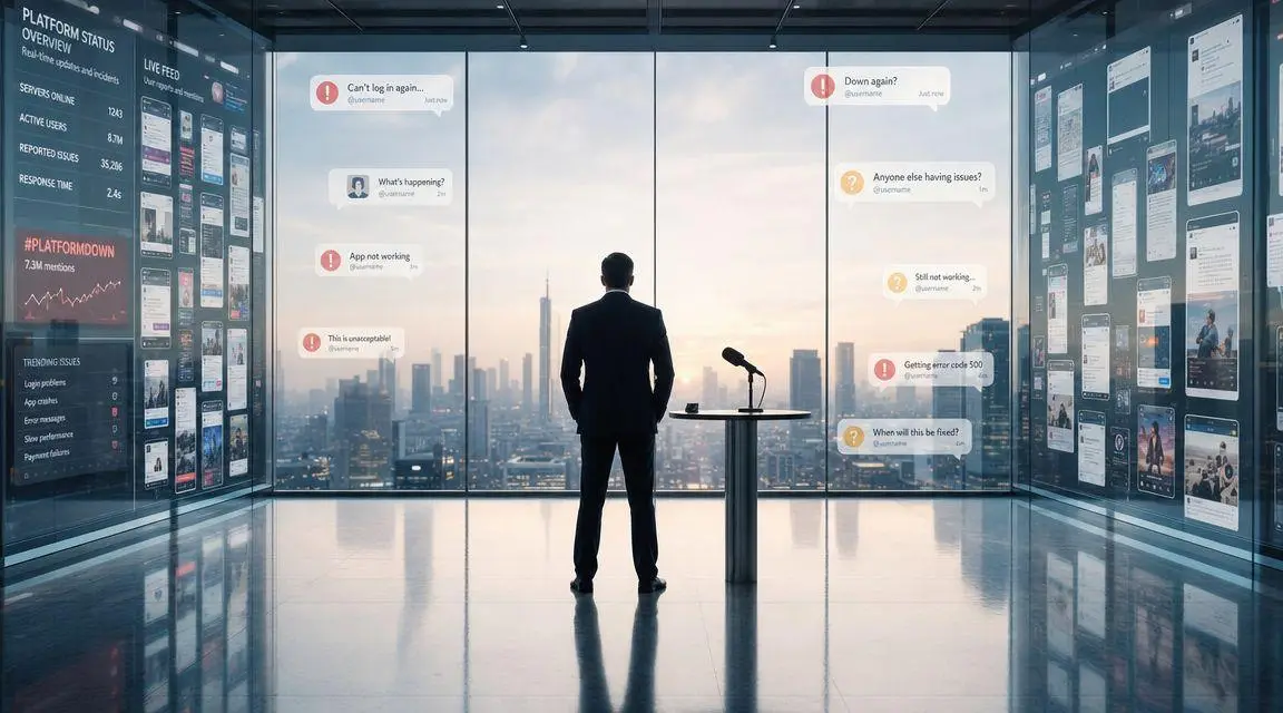 A businessman stands in a high-tech office overlooking a city while digital social media complaints hover nearby.