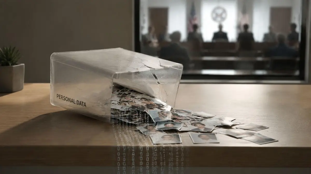 A clear box labeled personal data tipped over on a desk, spilling out photographs with digital code trails.