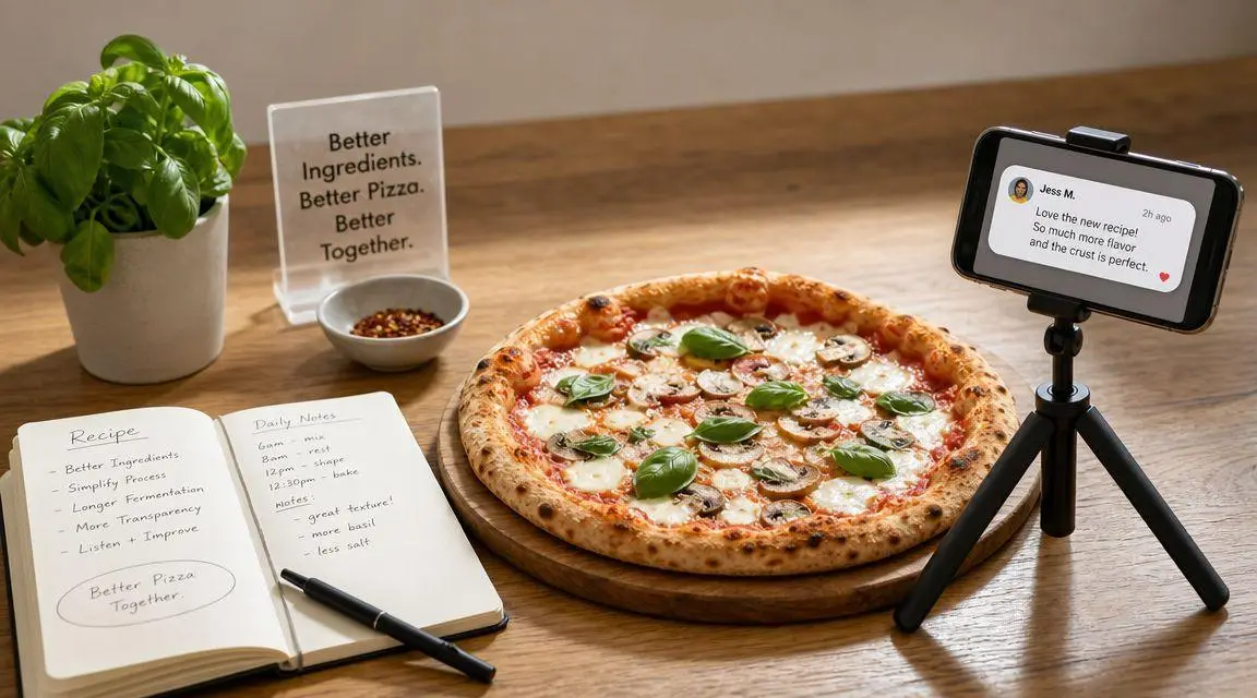 A fresh pizza on a wooden table with a notebook, plant, and a smartphone displaying a positive customer review.