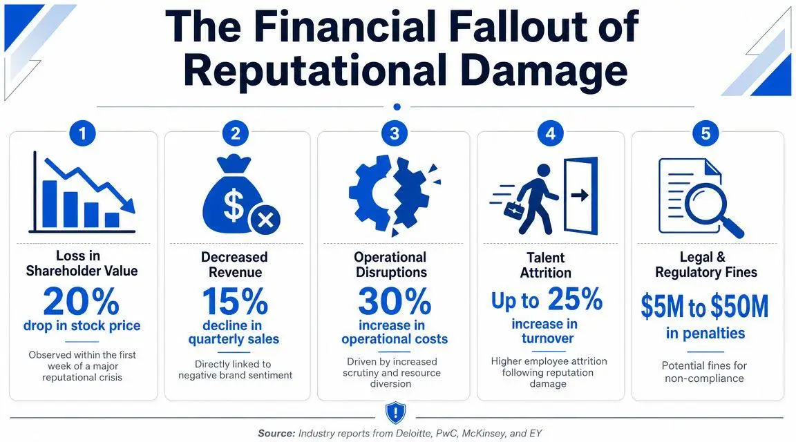 An infographic detailing five key financial consequences of corporate reputational damage, including stock and revenue losses.
