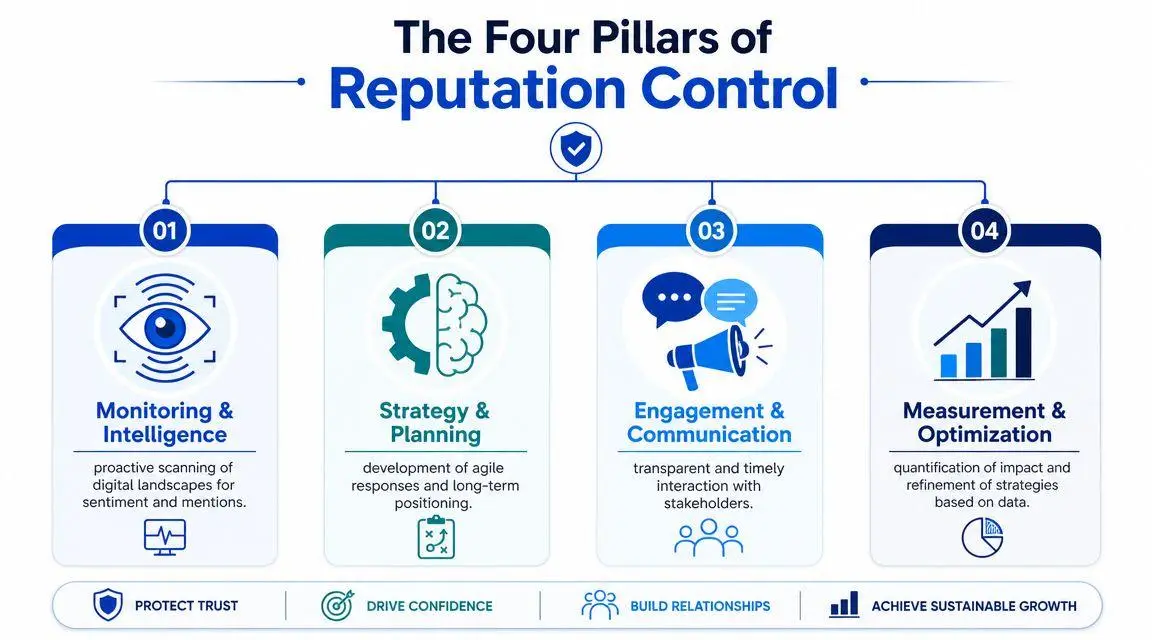 An infographic detailing the four pillars of reputation control for businesses, including monitoring, strategy, engagement, and measurement.