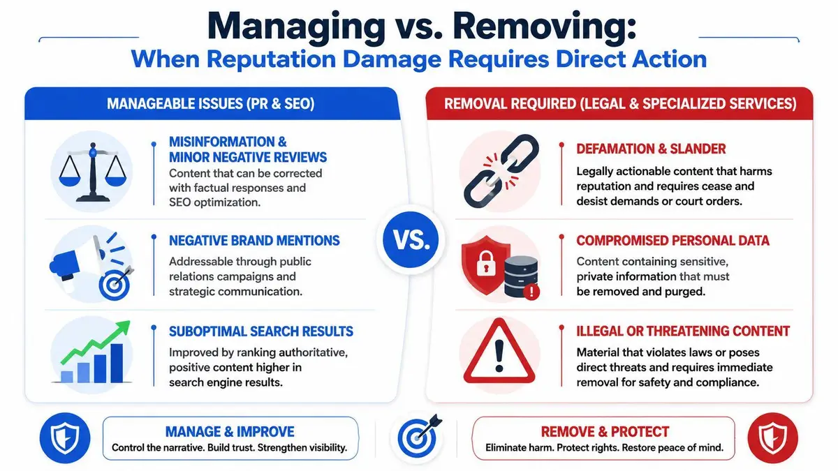 A comparison chart showing when to manage reputation issues versus when to remove harmful content online.