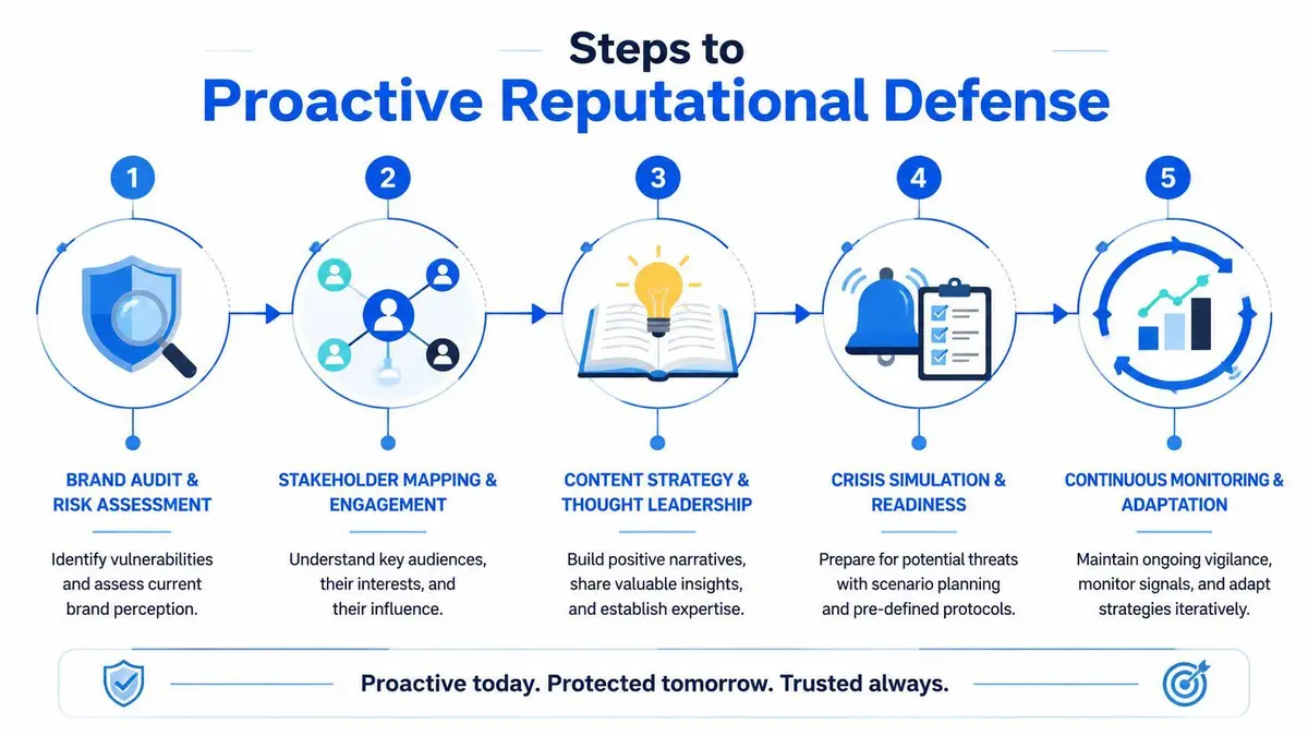 A five-step infographic outlining proactive reputational defense strategies for businesses, including risk assessment and monitoring.