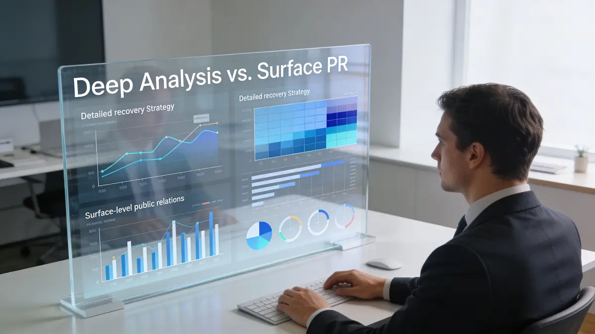 A businessman analyzing data on a transparent futuristic monitor screen in a modern office environment.