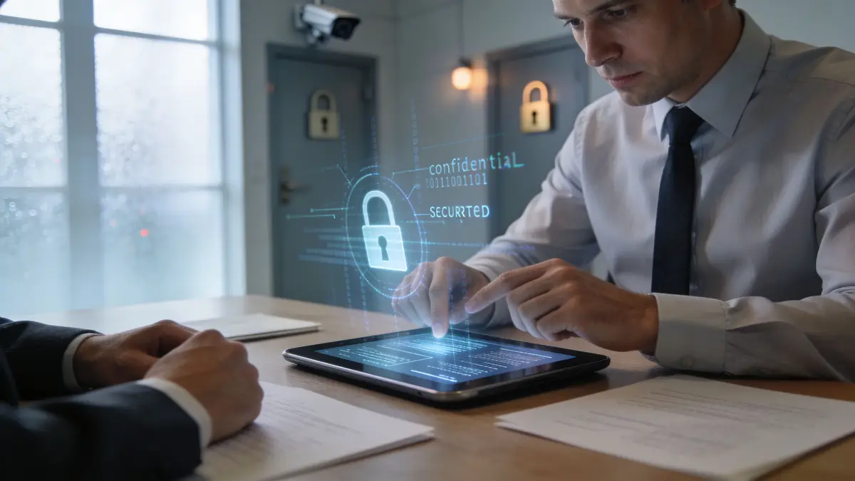 A professional man using a tablet with digital security graphics during a business meeting in an office.