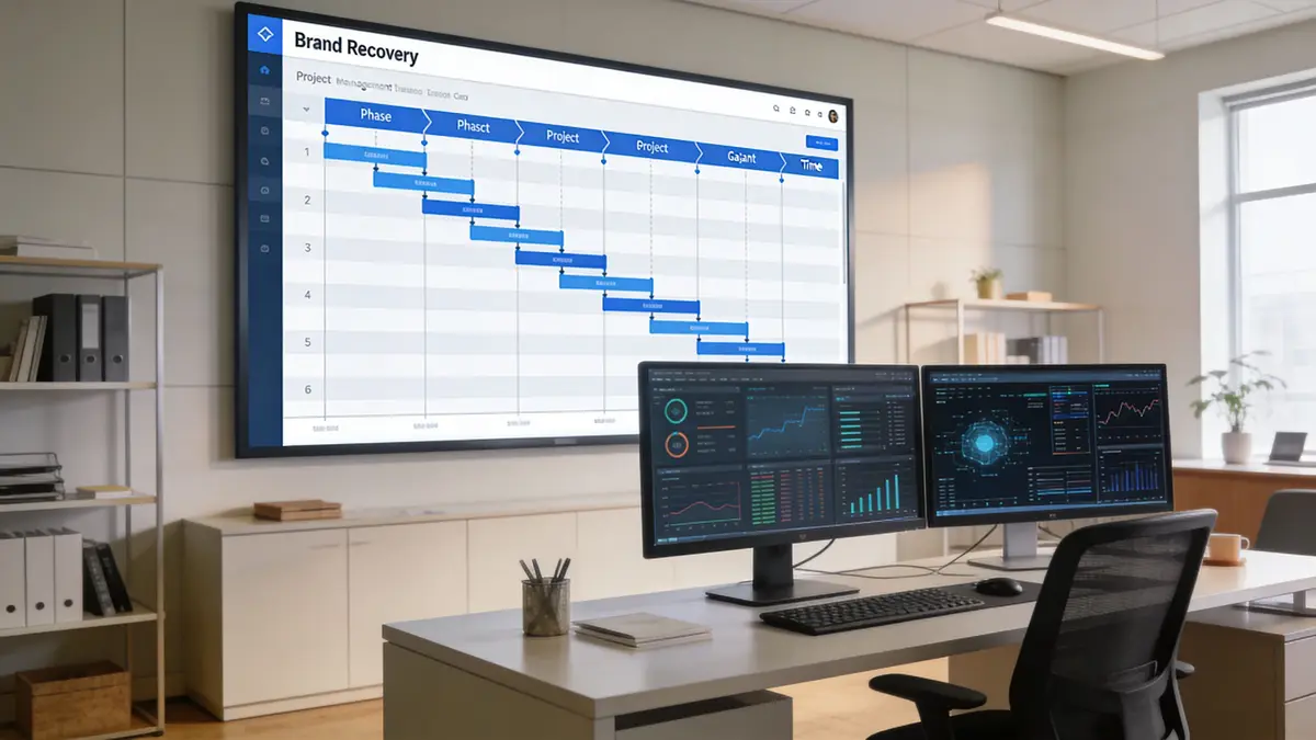 A professional office with a large monitor displaying a brand recovery timeline and workstation screens showing data.