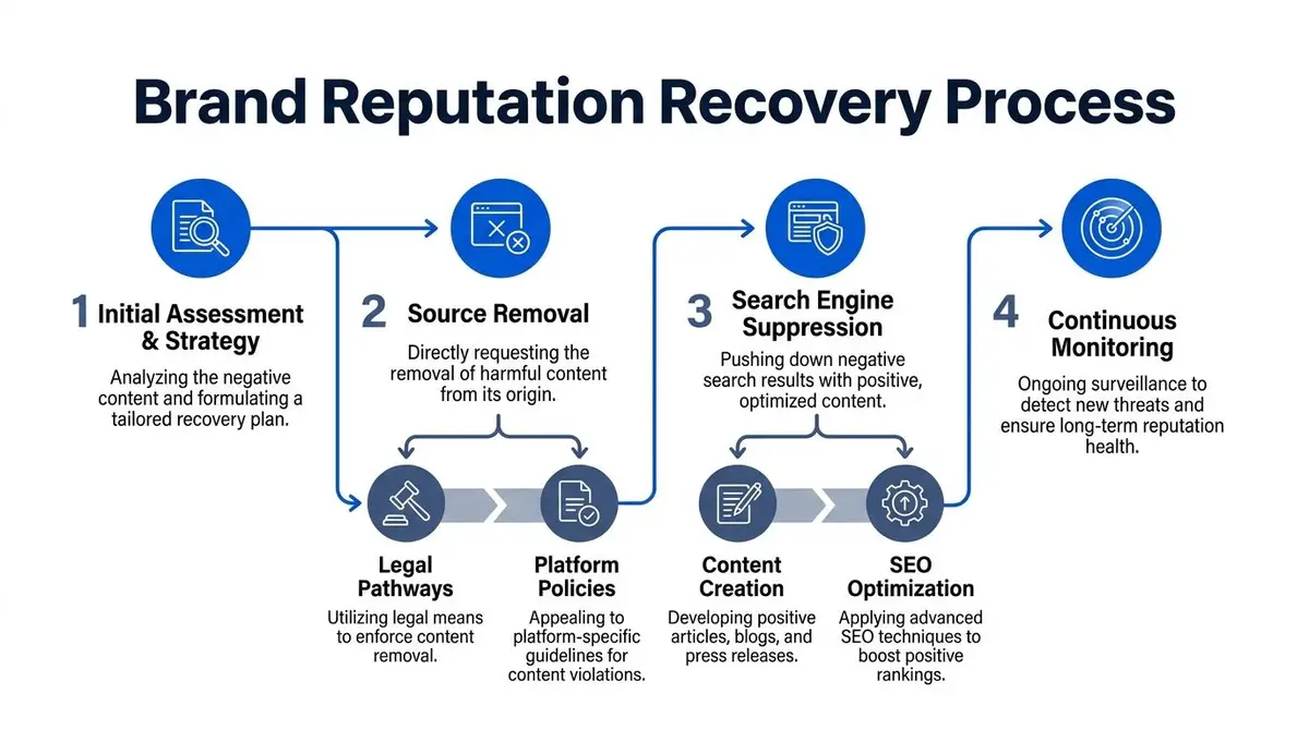 A diagram outlining the four-step brand reputation recovery process including assessment, removal, suppression, and monitoring.