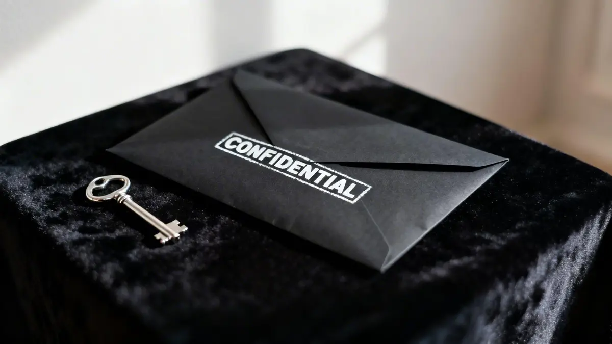 A silver skeleton key lies next to a black envelope stamped 'CONFIDENTIAL' on a dark velvet surface.