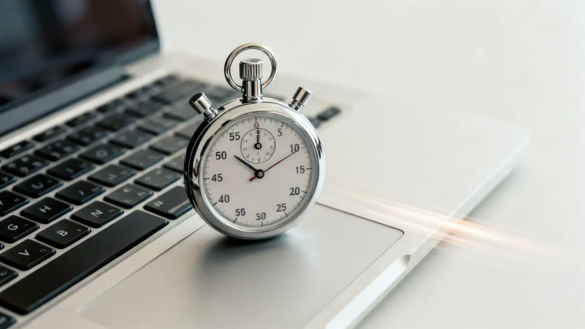 A silver stopwatch rests on the trackpad of an open laptop, symbolizing time management.