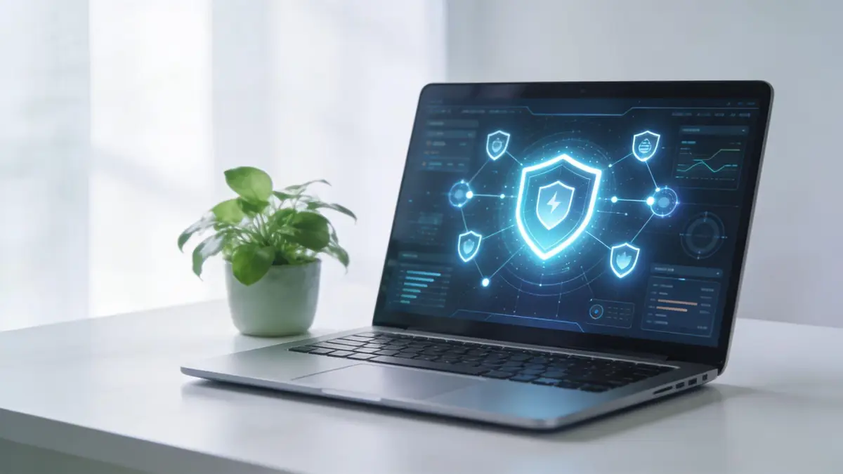 A modern laptop on a desk showing a cyber security interface with glowing digital shield icons