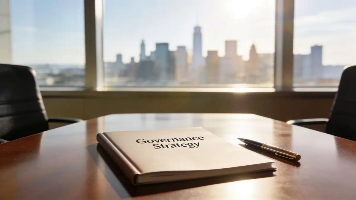 A leather-bound journal labeled Governance Strategy and a fountain pen on a boardroom table overlooking a city.